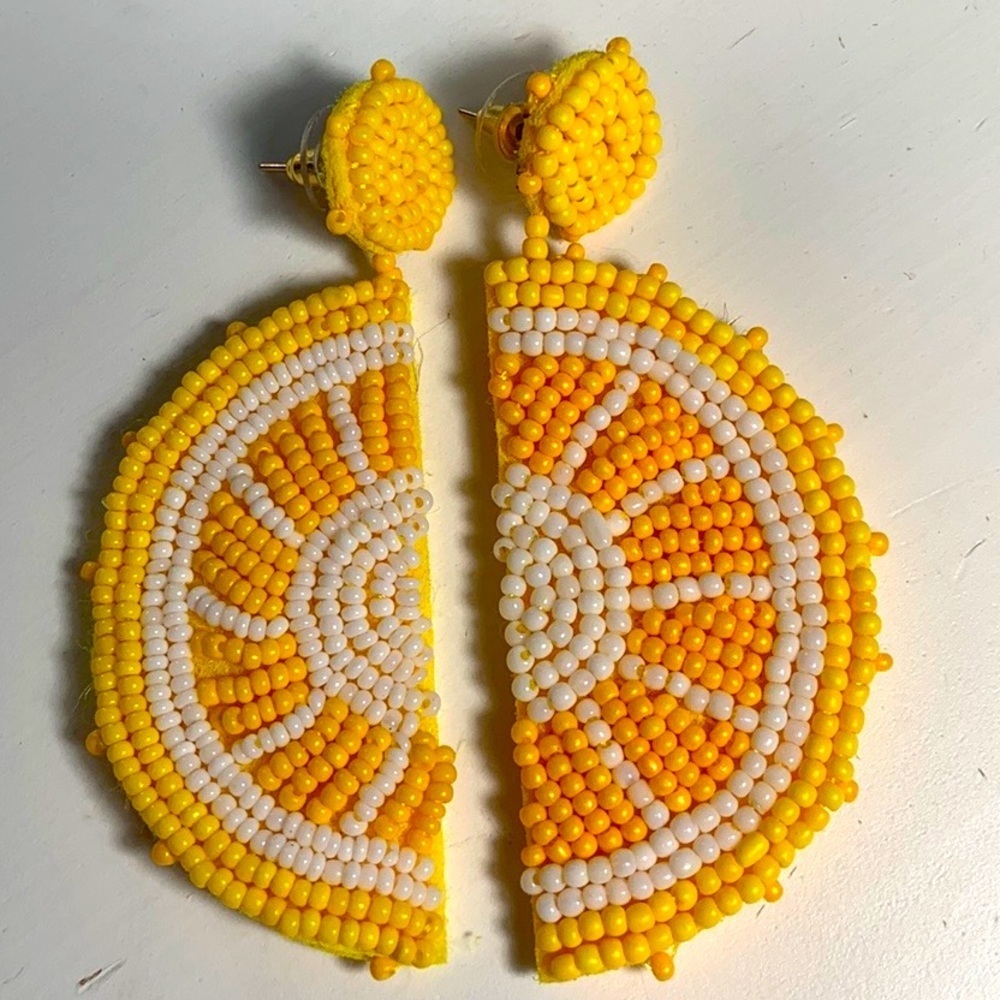 Lemon Earrings Fruit Seed Bead Dangle - Picture 7 of 8